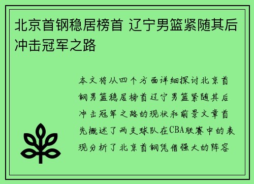 北京首钢稳居榜首 辽宁男篮紧随其后冲击冠军之路