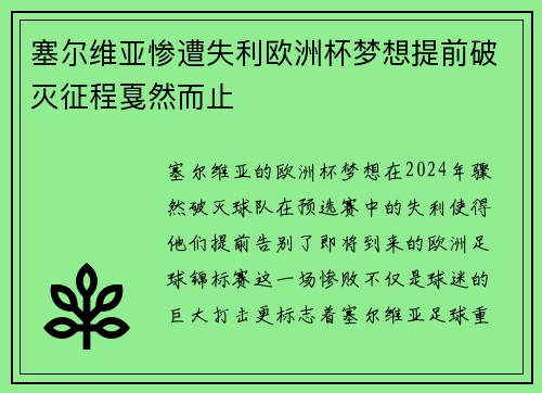 塞尔维亚惨遭失利欧洲杯梦想提前破灭征程戛然而止