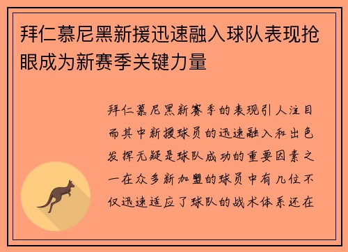 拜仁慕尼黑新援迅速融入球队表现抢眼成为新赛季关键力量