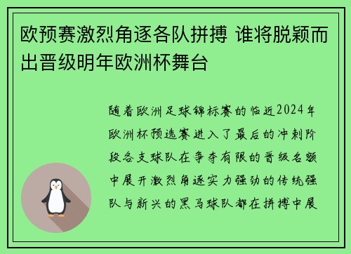欧预赛激烈角逐各队拼搏 谁将脱颖而出晋级明年欧洲杯舞台
