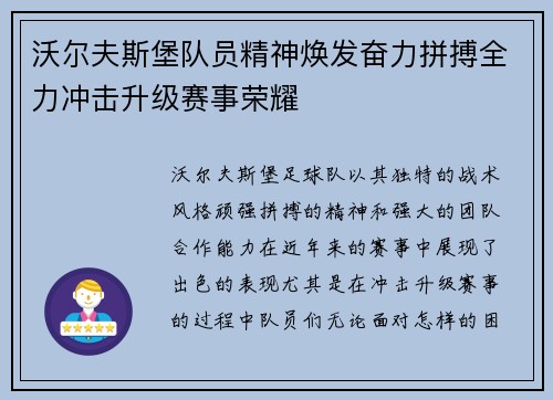 沃尔夫斯堡队员精神焕发奋力拼搏全力冲击升级赛事荣耀