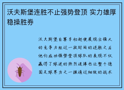 沃夫斯堡连胜不止强势登顶 实力雄厚稳操胜券