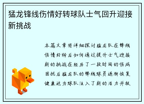 猛龙锋线伤情好转球队士气回升迎接新挑战