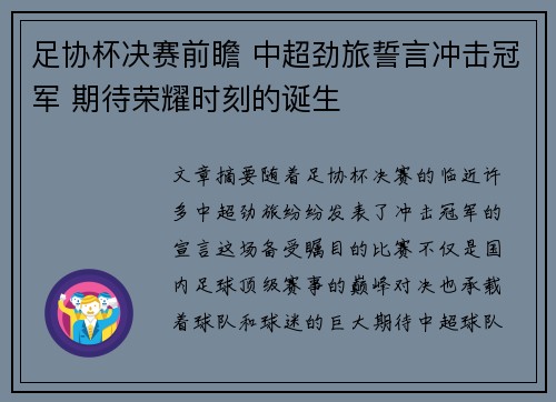 足协杯决赛前瞻 中超劲旅誓言冲击冠军 期待荣耀时刻的诞生
